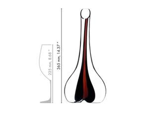 A RIEDEL Black Tie Smile Decanter Red with a black/red/black stripe and filled with red wine on a white background.
