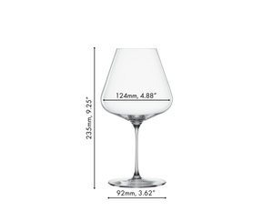 Two unfilled SPIEGELAU Definition Burgundy glasses side by side on white background
