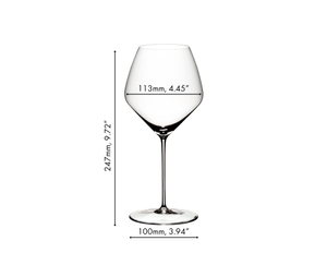 A RIEDEL Veloce Pinot Noir/Nebbiolo glass filled with red wine on a white background.