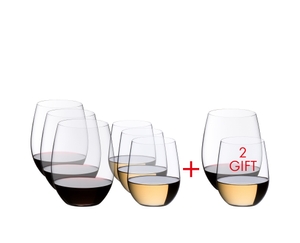 All 8 glasses of the value pack RIEDEL O Wine Tumbler Viognier/Chardonnay + Cabernet/Merlot are arranged in 3 rows. The Cabernet/Merlot tumblers are filled with red wine, the Viognier/Chardonnay tumblers are filled with white wine.