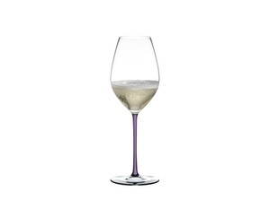 A RIEDEL Fatto A Mano Champagne Wine Glass in violet filled with champagne on a transparent background. 