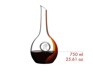 A RIEDEL Chinese Zodiac Tiger Decanter Red/Yellow filled with red wine on a white background.