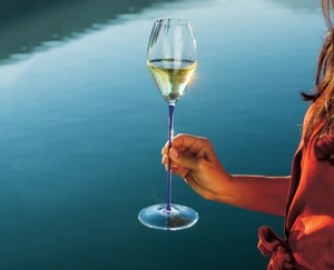 A woman is holding a RIEDEL High Performance Champagne Glass with a darkblue stem filled with champagne in front of a lake.