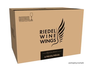 A RIEDEL Winewings Restaurant Riesling glass on a white background with product dimensions: Height: 250 mm / 9.84 in, Biggest diameter: 118 mm / 4.65 in, Base diameter: 100 mm / 3.94 in.
