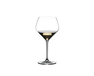 RIEDEL Heart to Heart Oaked Chardonnay filled with a drink on a white background