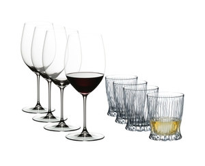 Special Offer - RIEDEL Veritas Cabernet + Tumbler Collection Fire Whisky filled with a drink on a white background