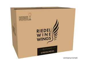 A RIEDEL Winewings Restaurant Champagne Wine Glass glass on a white background with product dimensions: Height: 250 mm / 9.84 in, Biggest diameter: 108 mm / 4.25 in, Base diameter: 100 mm / 3.94 in.