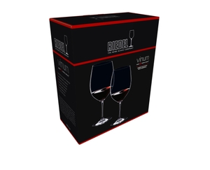 An unfilled RIEDEL Vinum Cabernet Sauvignon/Merlot glass on white background with product dimensions