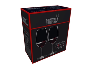 An unfilled RIEDEL Veritas New World Shiraz glass on white background with product dimensions