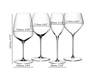 A filled RIEDEL Veloce Cabernet Sauvignon, Pinot Noir/Nebbiolo, Sauvignon Blanc and Chardonnay glass from the RIEDEL Veloce Tasting Set stand slightly offset side by side against a white background.