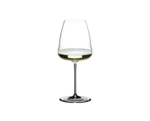 A RIEDEL Winewings Restaurant Champagne Wine Glass filled with champagne on a white background.