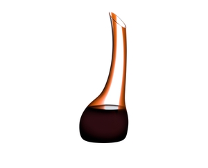 RIEDEL Decanter Cornetto Confetti Orange filled with a drink on a white background