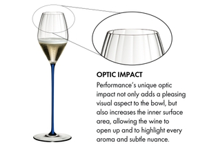 A RIEDEL High Performance Champagne Glass with a darkblue stem filled with champagne on a white background.