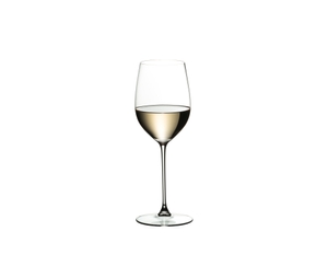 RIEDEL Veritas Viognier/Chardonnay filled with a drink on a white background