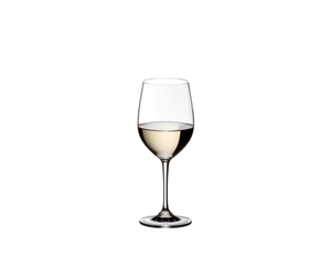 RIEDEL Vinum Viognier Glass + GIFT filled with a drink on a white background