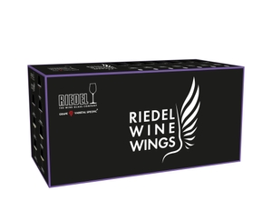 4 unfilled RIEDEL Winewings glasses (f.l.t.r. Syrah, Pinot Noir/Nebbiolo, Riesling and Chardonnay) slightly offset side by side on white background with product dimensions