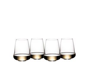 Four SL RIEDEL Stemless Wings Aromatic White Wine/Champagne Wine Glasses filled with white wine on a white background.
