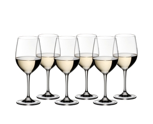 6 RIEDEL Vinum Viognier/Chardonnay glasses filled with white wine stand offset in 2 rows side by side