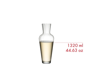 A RIEDEL Mosel Decanter on a white background filled with 750 ml | 25.61 oz of white wine. 