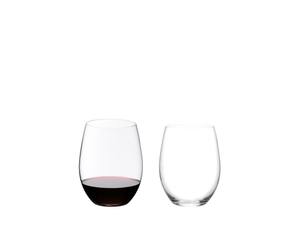 Two RIEDEL O Wine Tumbler Cabernet/Merlot on white background. The one on the left side is filled with red wine, the one on the right side is empty.