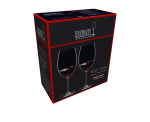 An unfilled RIEDEL Veritas Cabernet/Merlot glass on a white background with product dimensions