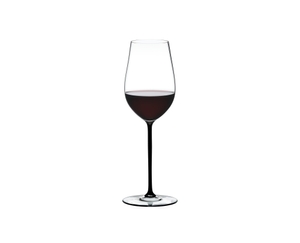 RIEDEL Fatto A Mano Riesling/Zinfandel Black R.Q. filled with a drink on a white background