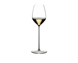 RIEDEL Max Riesling filled with a drink on a white background