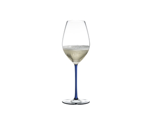 RIEDEL Fatto A Mano Champagne Wine Glass Dark Blue R.Q. filled with a drink on a white background