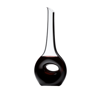 RIEDEL Decanter Black Tie Occhio Nero filled with a drink on a white background