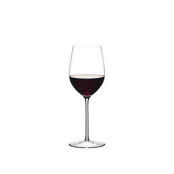 A RIEDEL Sommeliers Mature Bordeaux/Chablis/Chardonnay glass filled with red wine