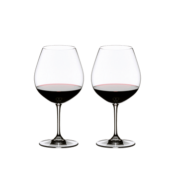 Two red wine filled RIEDEL Vinum Pinot Noir (Burgundy red) glasses side by side