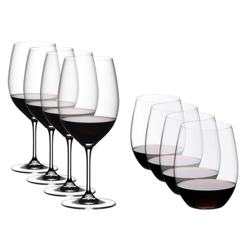 Special Offer - RIEDEL Vinum Cabernet Sauvignon/Merlot (Bordeaux) + O Wine Tumbler Cabernet Sauvignon/Merlot (Bordeaux) Set filled with a drink on a white background