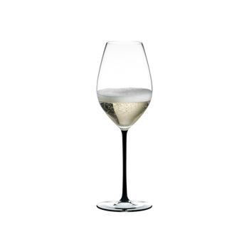 RIEDEL Fatto A Mano Champagne Wine Glass Black filled with a drink on a white background