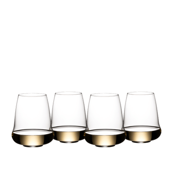 4 SL RIEDEL Stemless Wings Riesling/Champagne Glasses filled with white wine on white background