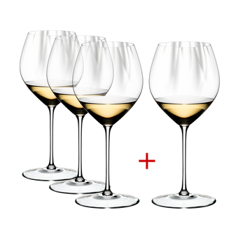 RIEDEL Performance Chardonnay filled with a drink on a white background
