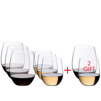 All 8 glasses of the value pack RIEDEL O Wine Tumbler Viognier/Chardonnay + Cabernet/Merlot are arranged in 3 rows. The Cabernet/Merlot tumblers are filled with red wine, the Viognier/Chardonnay tumblers are filled with white wine.