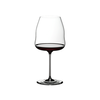 A RIEDEL Winewings Pinot Noir/Nebbiolo glass filled with red wine on a white background.
