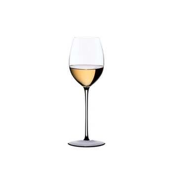 RIEDEL Sommeliers Black Tie Loire filled with a drink on a white background