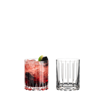 Two RIEDEL Drink Specific Glassware Double Rocks glasses one filled with a drink and one unfilled on a white background.