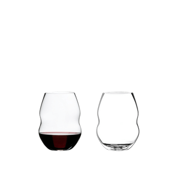 RIEDEL Swirl Red Wine filled with a drink on a white background