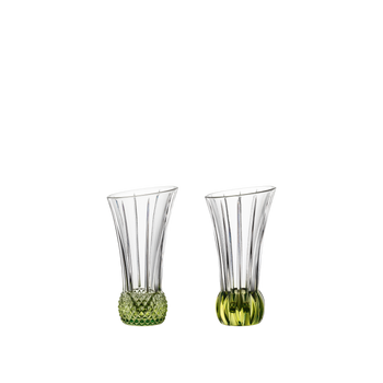2 NACHTMANN Spring Vase Lime side by side. The upper part of the vase is clear crystal glass while the base is textured lime coloured crystal glass.