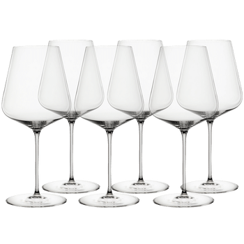 6 unfilled SPIEGELAU Definition Bordeaux Glasses stand slightly offset side by side