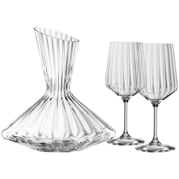 An unfilled Spiegelau Lifestyle Decanter and two unfilled Spiegelau Lifestyle Red Wine Glasses side by side