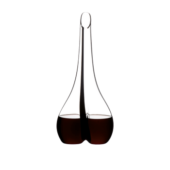 RIEDEL Decanter Black Tie Smile filled with a drink on a white background