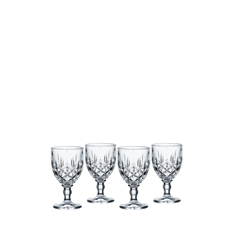 4 empty Nachtmann Noblesse Liqueur Goblets on white background
