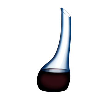 A RIEDEL Confetti Blue Decanter filled with red wine.