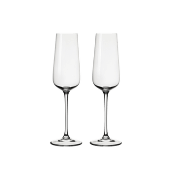Two unfilled Spiegelau Capri Champagne Flutes side by side