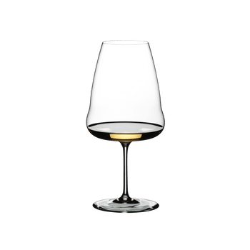A RIEDEL Winewings Riesling glass filled with white wine on a white background.