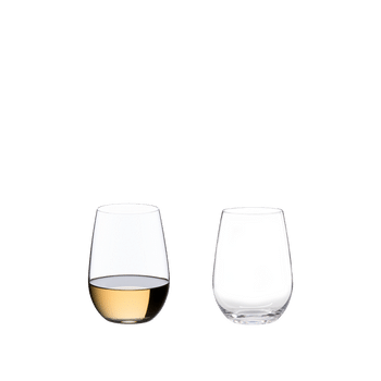 Two RIEDEL O Wine Tumbler Riesling/Sauvignon Blanc on white background. The one on the left is filled with red wine, the one on the right side is empty.