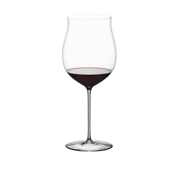 A RIEDEL Superleggero Burgundy Grand Cru glass filled with red wine on a transparent background.